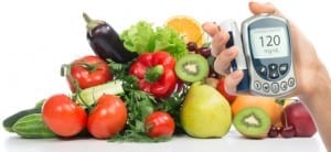 Diabetes concept glucose meter in hand and healthy organic food fruits and vegetables organic green apple, egg plant, orange, tomatoes, cucumbers, parsley, kiwi, grapefruit, salad, peach, cherries on a white background